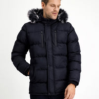 Dark Navy Fur-Lined Hooded Sport Puffer Jacket