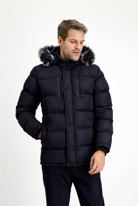 Dark Navy Fur-Lined Hooded Sport Puffer Jacket