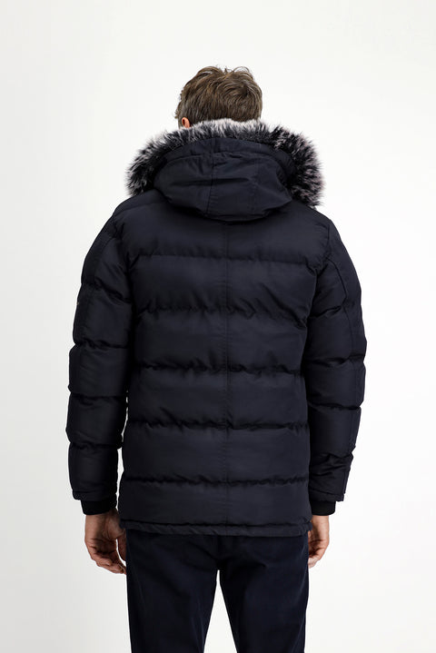 Dark Navy Fur-Lined Hooded Sport Puffer Jacket