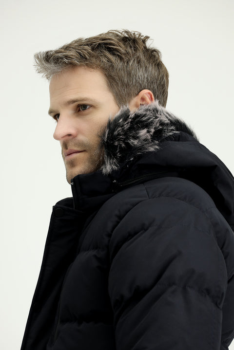 Dark Navy Fur-Lined Hooded Sport Puffer Jacket