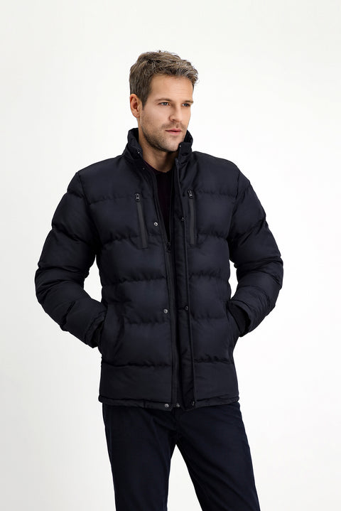 Dark Navy Fur-Lined Hooded Sport Puffer Jacket