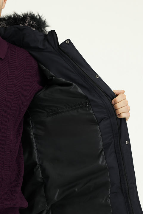 Dark Navy Fur-Lined Hooded Sport Puffer Jacket
