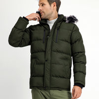 Dark Khaki Fur-Lined Hooded Sport Puffer Jacket