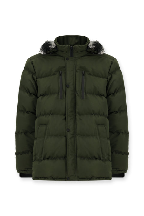 Dark Khaki Fur-Lined Hooded Sport Puffer Jacket