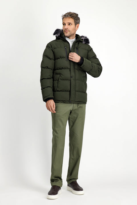 Dark Khaki Fur-Lined Hooded Sport Puffer Jacket