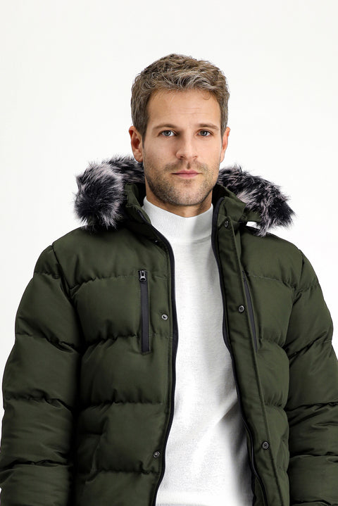 Dark Khaki Fur-Lined Hooded Sport Puffer Jacket