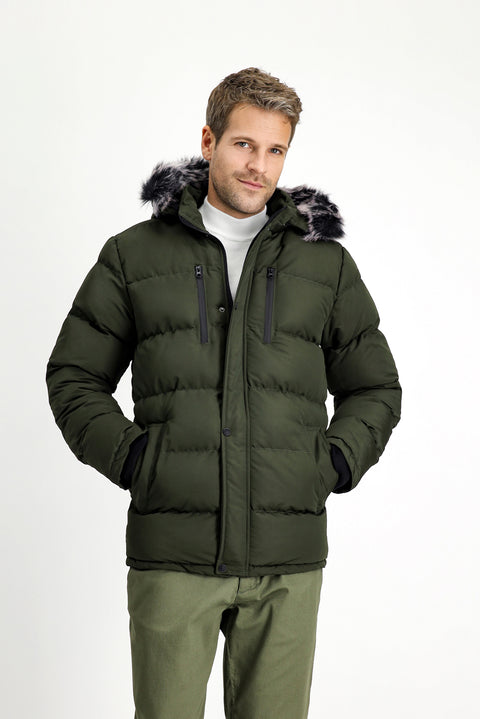 Dark Khaki Fur-Lined Hooded Sport Puffer Jacket