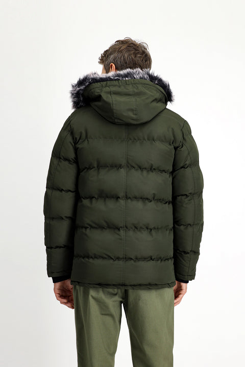 Dark Khaki Fur-Lined Hooded Sport Puffer Jacket