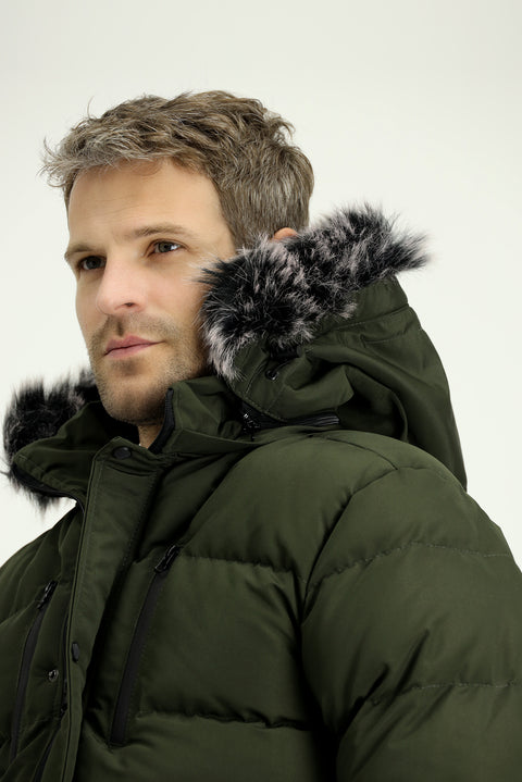 Dark Khaki Fur-Lined Hooded Sport Puffer Jacket