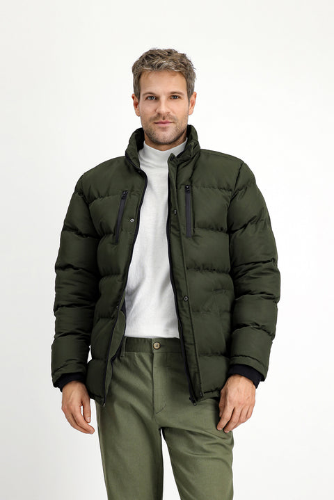 Dark Khaki Fur-Lined Hooded Sport Puffer Jacket
