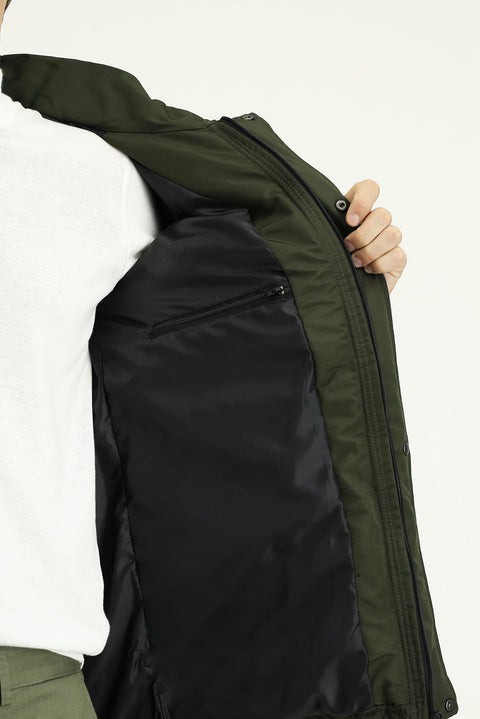 Dark Khaki Fur-Lined Hooded Sport Puffer Jacket