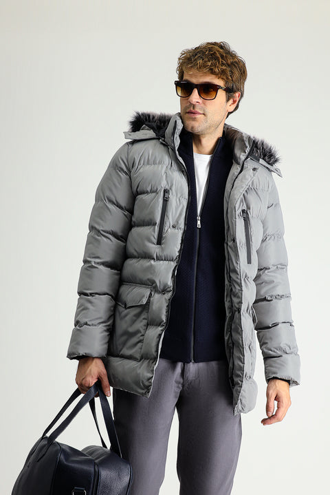 Medium Grey Hooded Puffer Sport Jacket