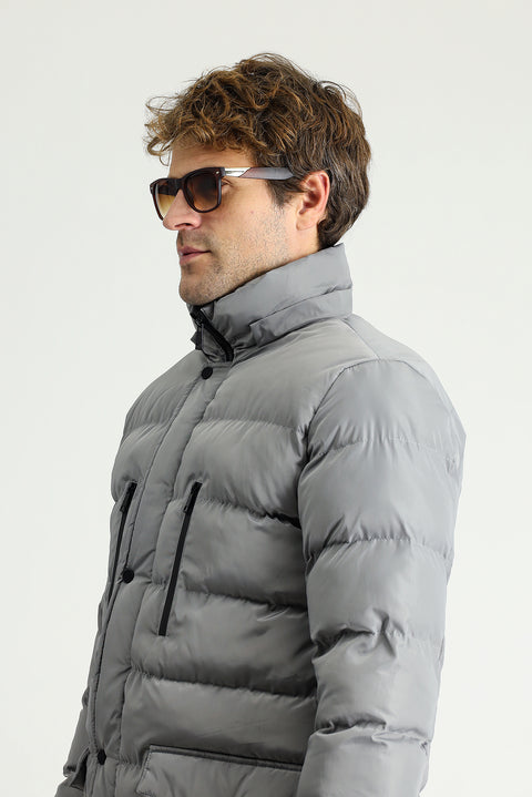 Medium Grey Hooded Puffer Sport Jacket