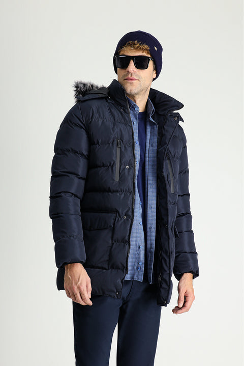 Dark Navy Hooded Puffy Sports Jacket
