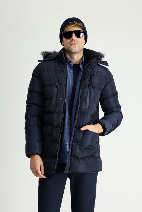 Dark Navy Hooded Puffy Sports Jacket