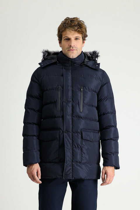 Dark Navy Hooded Puffy Sports Jacket