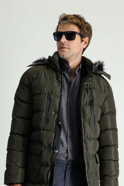 Medium Khaki Hooded Puffy Sports Jacket