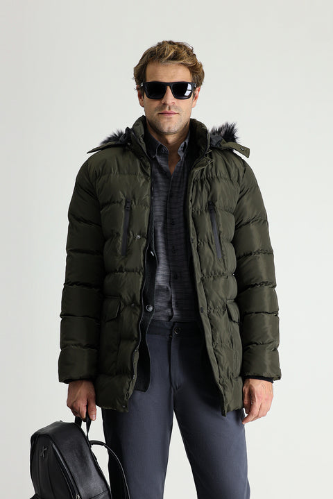 Medium Khaki Hooded Puffy Sports Jacket