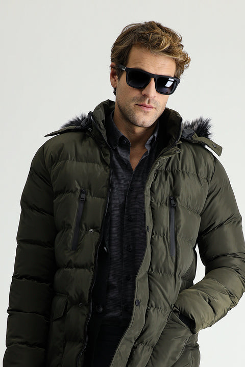 Medium Khaki Hooded Puffy Sports Jacket