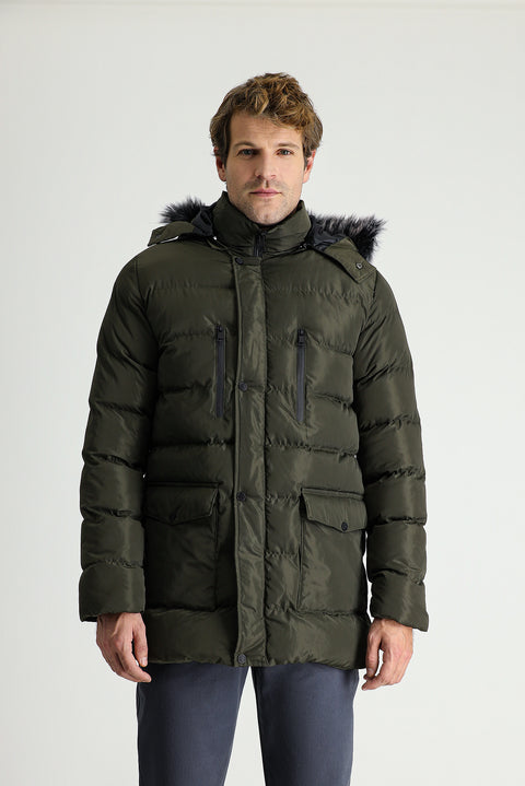 Medium Khaki Hooded Puffy Sports Jacket
