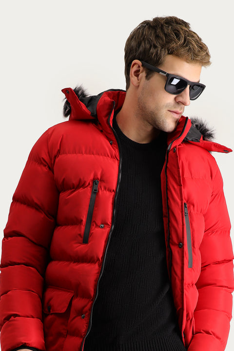 Light Red Hooded Puffy Sports Jacket