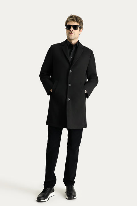 Black Notched Lapel Oversize Extra Comfortable Fit Pocketed Buttoned Classic Coat