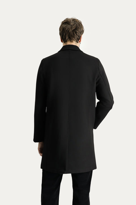 Black Notched Lapel Oversize Extra Comfortable Fit Pocketed Buttoned Classic Coat