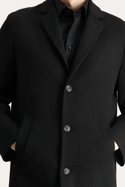 Black Notched Lapel Oversize Extra Comfortable Fit Pocketed Buttoned Classic Coat