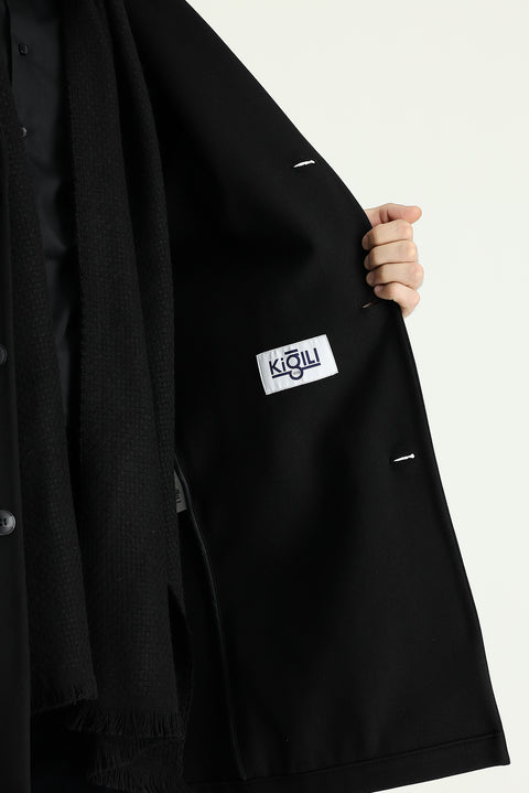 Black Notched Lapel Oversize Extra Comfortable Fit Pocketed Buttoned Classic Coat