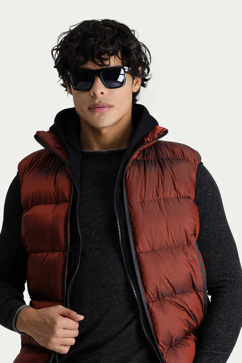 Tile-colored Slim Fit Narrow Cut Hooded Puffer Vest