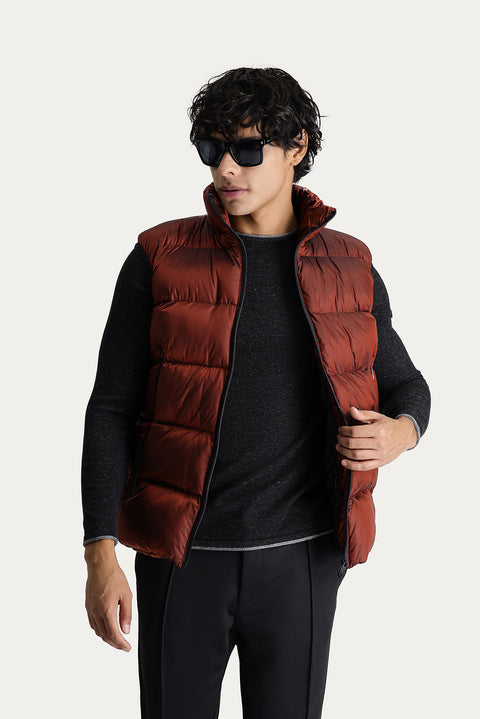 Tile-colored Slim Fit Narrow Cut Hooded Puffer Vest