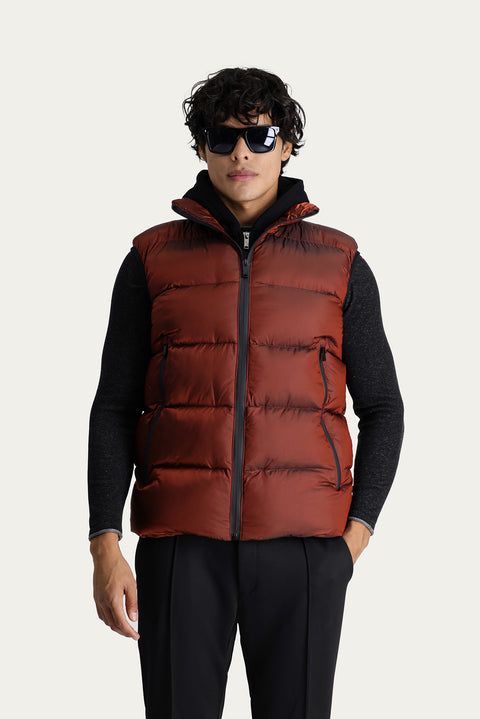 Tile-colored Slim Fit Narrow Cut Hooded Puffer Vest