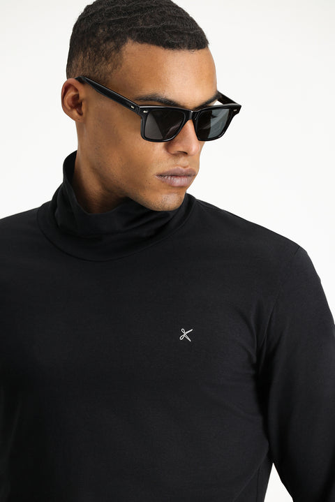 Siyah Balıkçı Yaka Slim Fit Dar Kesim Pamuklu Sweatshirt