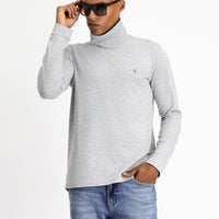 Light Grey Melange Turtleneck Slim Fit Cotton Sweatshirt