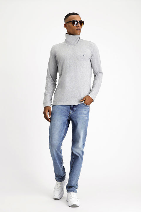 Light Grey Melange Turtleneck Slim Fit Cotton Sweatshirt