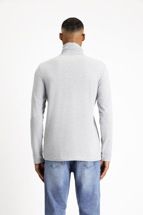 Light Grey Melange Turtleneck Slim Fit Cotton Sweatshirt