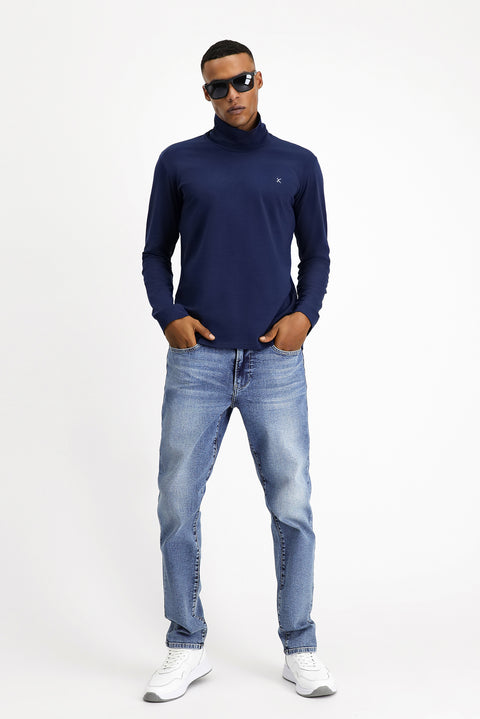 Koyu Lacivert Balıkçı Yaka Slim Fit Dar Kesim Pamuklu Sweatshirt