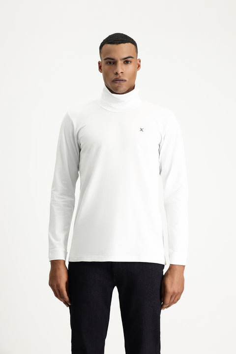 Beyaz Balıkçı Yaka Slim Fit Dar Kesim Pamuklu Sweatshirt
