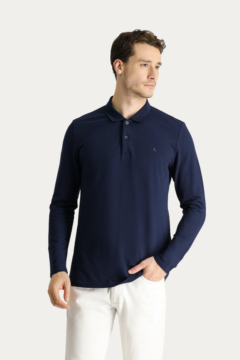 Dark Navy Polo Collar Regular Fit Embroidered Cotton Sweatshirt