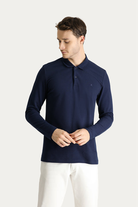 Dark Navy Polo Collar Regular Fit Embroidered Cotton Sweatshirt