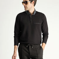Medium Brown Polo Collar Patterned Sweatshirt