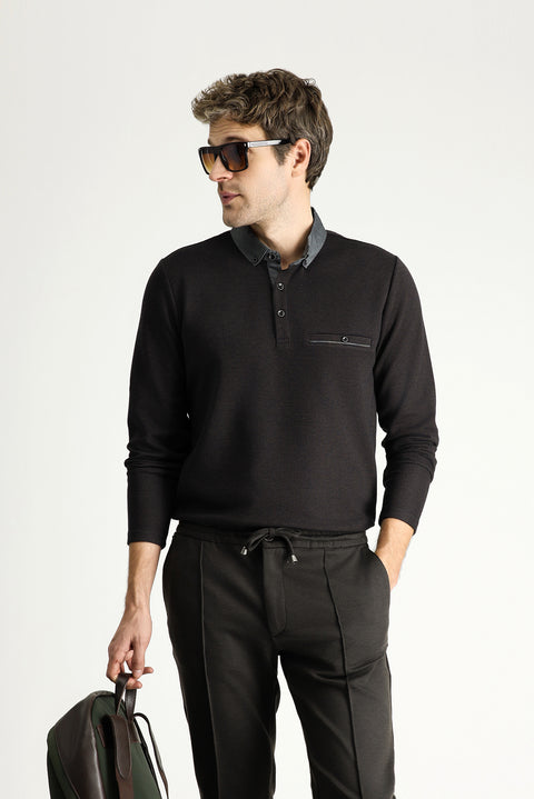 Medium Brown Polo Collar Patterned Sweatshirt
