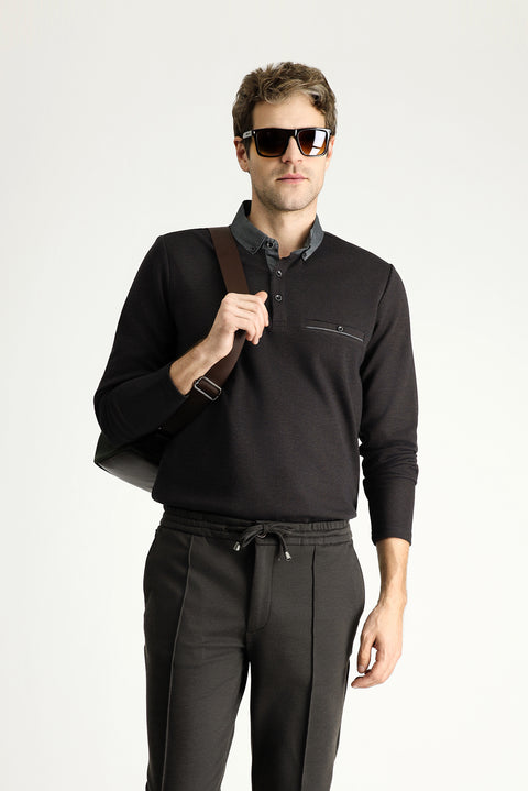 Medium Brown Polo Collar Patterned Sweatshirt