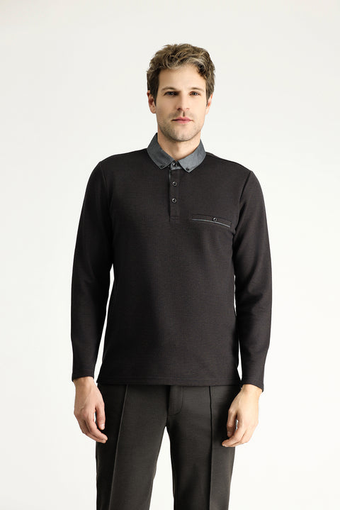 Medium Brown Polo Collar Patterned Sweatshirt