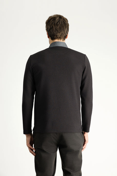 Medium Brown Polo Collar Patterned Sweatshirt