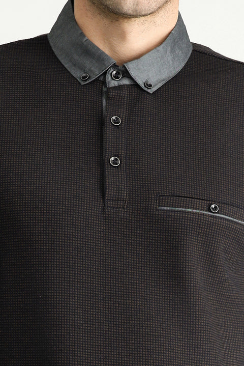 Medium Brown Polo Collar Patterned Sweatshirt