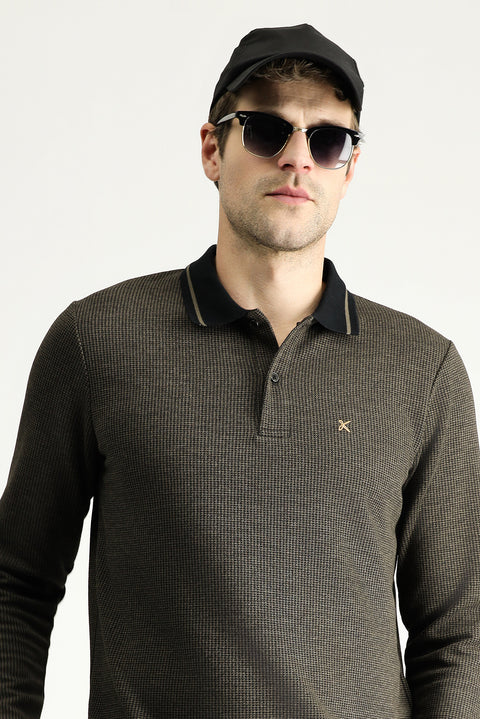 Orta Kahve Polo Yaka Regular Fit Desenli Nakışlı Sweatshirt