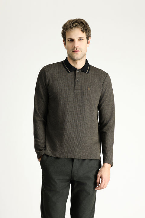 Orta Kahve Polo Yaka Regular Fit Desenli Nakışlı Sweatshirt