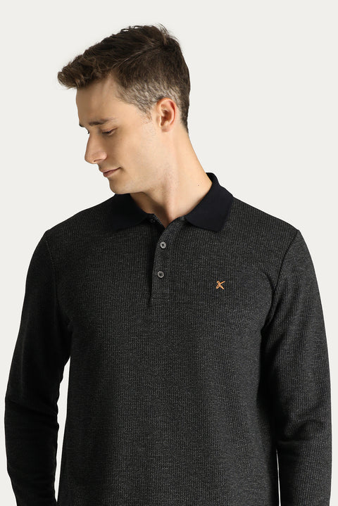 Dark Anthracite Polo Collar Patterned Embroidered Sweatshirt