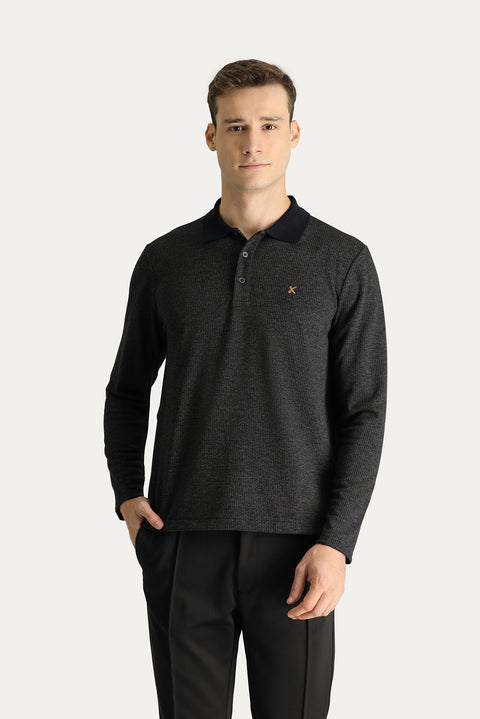 Dark Anthracite Polo Collar Patterned Embroidered Sweatshirt